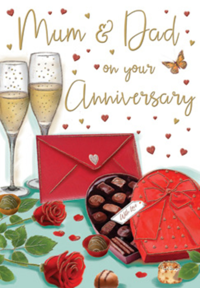 Richly romantic anniversary card illustration presented like a lovingly styled tabletop in a Sutton family home, perfect for honouring parents on their special day. At the front, two lush red roses lie gracefully along the surface, their petals illustrated with intricate shading that suggests a soft, velvety touch. The blooms are framed by deep green leaves that curl naturally around them, adding fullness and the impression of freshly gathered stems from a local Sutton florist. Beside the roses is an open heart-shaped chocolate box, the lid drawn back to show neat rows of carefully placed truffles in a range of chocolate browns, from milky beige to rich espresso. A wide red ribbon wraps the box and forms a dramatic bow on top, the loops and trailing ends rendered to look smooth and silky, as though they could slip between your fingers. Just behind, two slim champagne flutes rise together like a couple standing arm in arm, filled with pale golden champagne. Tiny bubbles climb through the liquid, frozen mid-motion to capture the expectancy of a shared toast in a home off Sutton High Street or near Carshalton Beeches. Around the main objects, small golden and crimson hearts float gently across the warm background, framing softly hand-lettered words for Mum & Dad and adding a playful, celebratory feel. A bright scarlet envelope rests to one side, its neat shape hinting at a handwritten note full of memories and appreciation. The overall scene glows with warm light, blending romantic reds, shimmering golds, and comforting neutrals into a visual story of enduring love and family connection in Sutton.