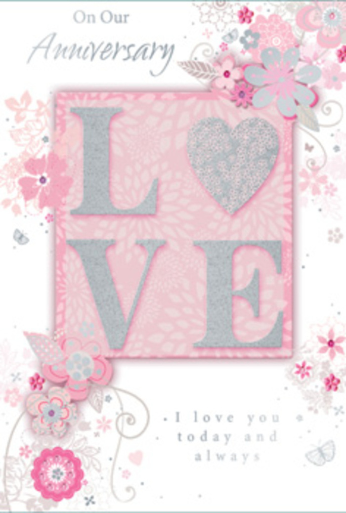 In this image, the anniversary card opens a world of soft colour and delicate detailing, reminiscent of a florist's notebook on a workbench in Sutton Flowers. The central motif is the word LOVE, presented in graceful capital letters coated with frosted glitter. This glitter is not harsh or overly bright; instead, it has a milky, pearlescent quality that reflects light in a way similar to the gentle sheen of rose petals or satin ribbon. The letters are raised, so they would feel slightly embossed beneath a fingertip, adding an inviting, tactile aspect. Around this word, the card's border becomes a drifting garden of hand-drawn blooms and leafy sprays. The flowers are rendered in blush pinks, soft lilacs, and creamy ivory, their shapes stylised and slightly wispy, giving an impression of roses, tiny blossoms, and airy filler flowers. Filigree lines weave through the petals, and dainty leaves arc outward, echoing the natural curves of stems in a hand-tied bouquet delivered to homes in Carshalton Beeches or Rosehill. Almost-hidden butterflies float among the flowers, suggested by subtle wing shapes and faint silver highlights, like the quiet flutter that accompanies nervous excitement on an anniversary evening. The background is a warm, powdery pink, softly shaded so the edges feel like they are fading into light rather than ending abruptly. Nestled within the composition, the phrase I love you today and always appears in a refined, understated script, balancing the more decorative floral artwork. Overall, the card feels like a carefully arranged floral tribute translated into paper, quietly honoring enduring love in Sutton.
