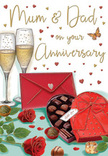 Elegant anniversary card artwork that captures the essence of a loving celebration for Mum & Dad, as though set on a table in a Sutton living room prepared for a special evening. In the foreground, two beautifully detailed red roses stretch across the surface, their petals softly layered and richly coloured, evoking the lush texture of real blooms just arranged by a skilled florist. Fresh green leaves frame the flowers, adding depth and a garden-fresh feel that contrasts gently with the warm background. Next to the roses, an open heart-shaped box of chocolates is displayed, the inside divided into orderly compartments holding smooth, rounded truffles shaded in a spectrum of chocolate browns. A generous red bow wraps the box, its satin ribbon tied in a polished knot with graceful loops and tails that gleam subtly, as if catching the glow of nearby candlelight. Just behind, two tall champagne flutes stand close together, filled nearly to the brim with sparkling golden champagne. Fine bubbles drift upward, hinting at the sound of a soft clink as glasses meet in a toast somewhere near Benhill or Rosehill in Sutton. Scattered gold and crimson hearts float across the scene, curling around delicate script that conveys tender anniversary wishes. A scarlet envelope lies casually nearby, suggesting a secret message of thanks, memories, and affection waiting to be opened. The whole illustration is bathed in warm, inviting light, combining romantic reds, sparkling golds, and natural greens into a scene that feels both festive and deeply intimate, like a visual tribute to years of shared love in Sutton.